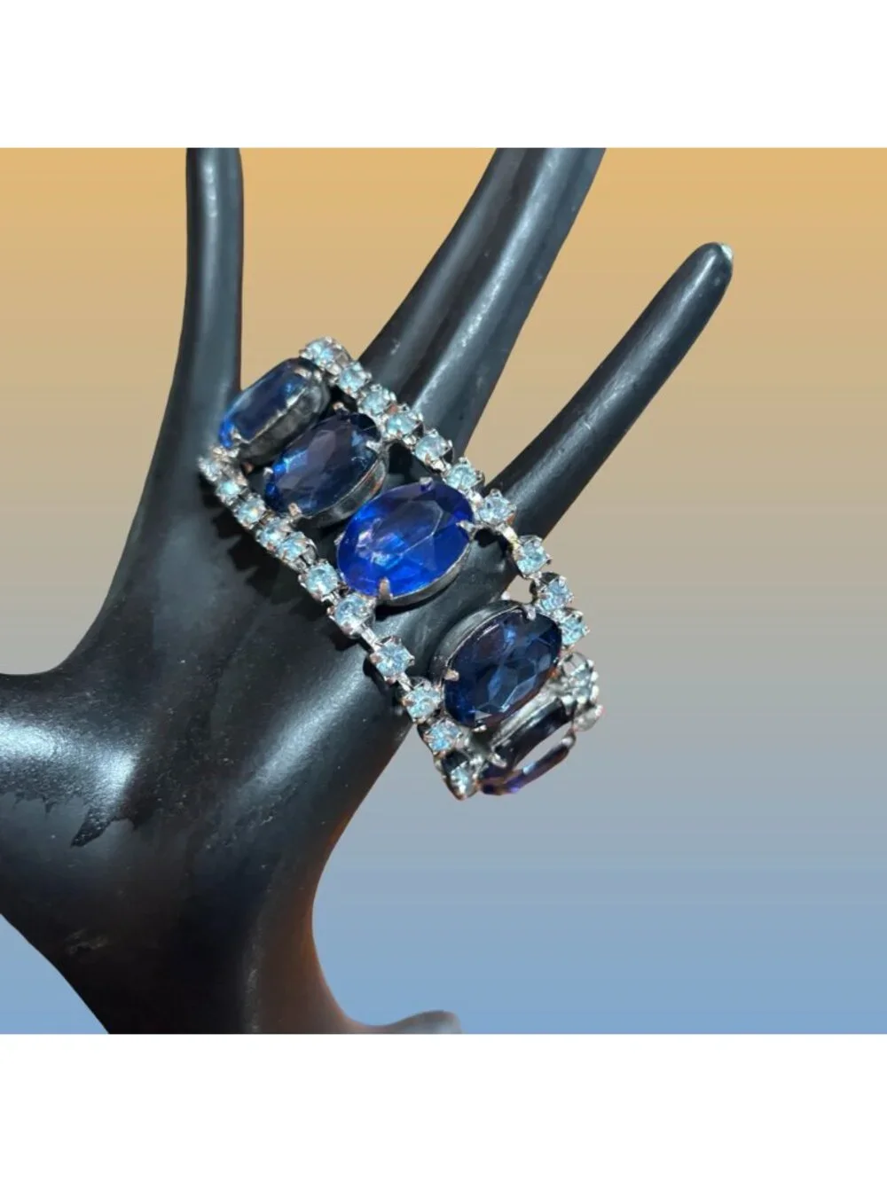 Elegant Silver-Tone Bracelet Faceted Blue Oval Stones Light Blue Crystal Accents